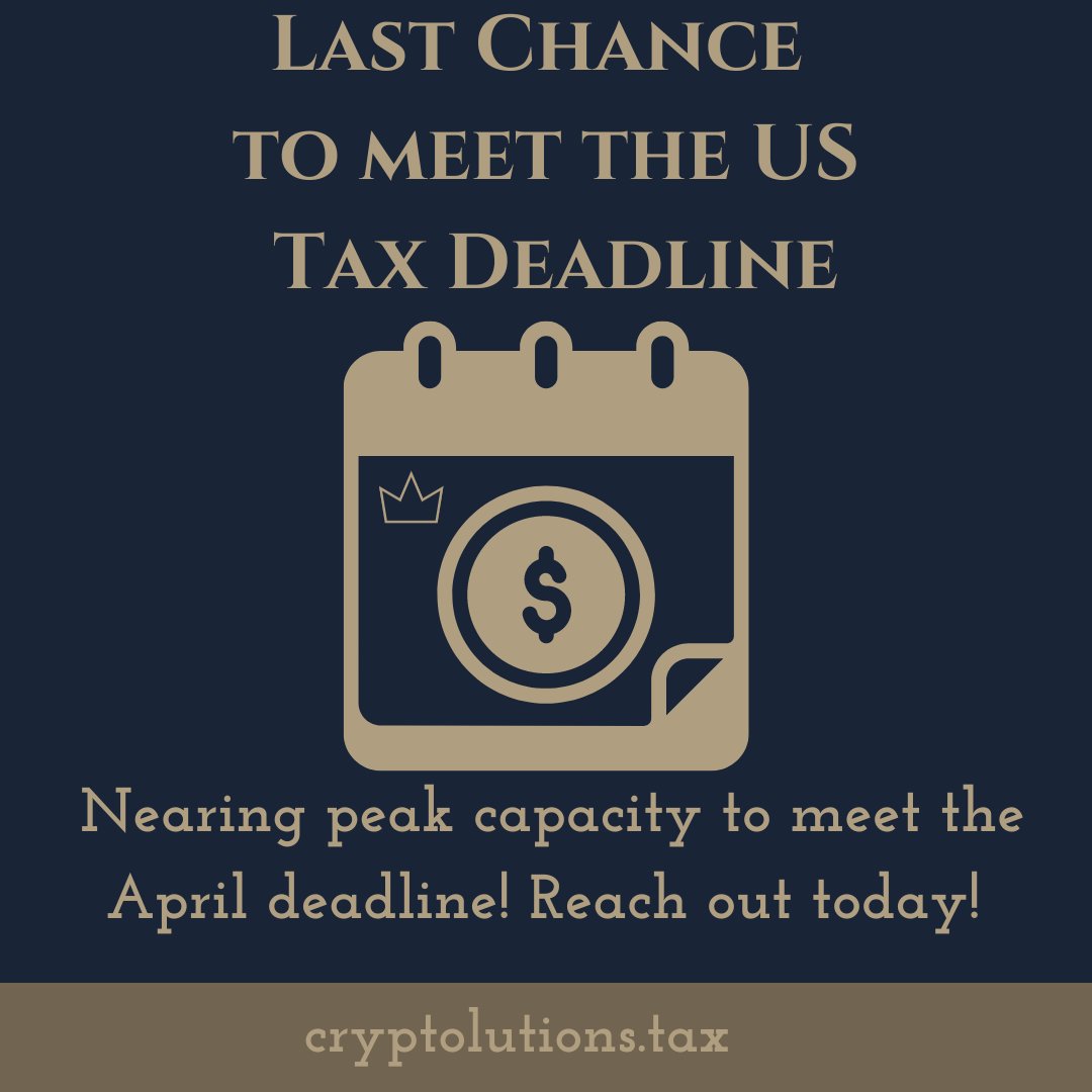 CryptolutionsTx's tweet image. If you don&apos;t plan to file an extension and you need to meet US tax deadlines, I am nearing capacity to meet the April cut-off. Reach out soon if you need my assistance
#cryptolutions #cryptotaxes #crypto #cryptocurrency #investments #taxcompliance