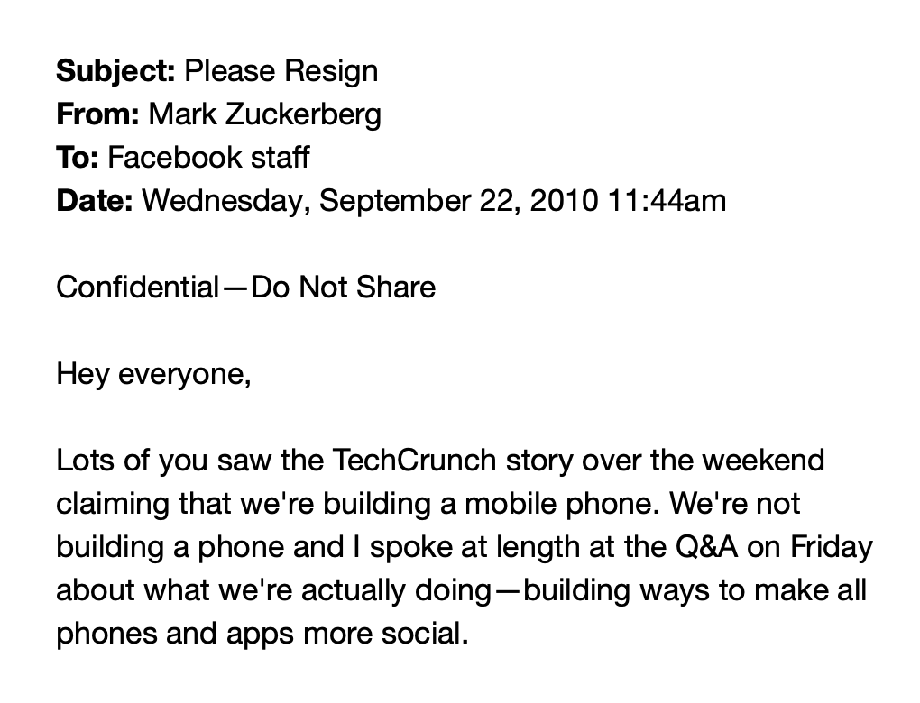 TechEmails's tweet photo. Mark Zuckerberg: "Please Resign"

September 22, 2010 https://t.co/3Coz46QFRR