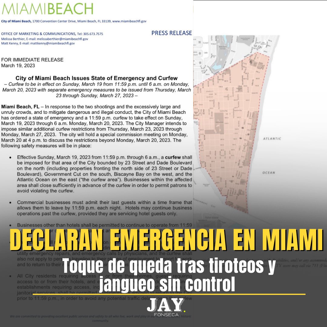 jayfonsecapr's tweet photo. Ciudad de Miami anuncia medidas tras dos tiroteos y multitudes fuera de control. El toque de queda empieza hoy y la semana que viene en el weekend continuaría. Las vacaciones de Spring Break y el Clásico ha llevado multitudes que no han podido controlar las autoridades. El toque de queda comienza a la media noche hasta las 6AM. ¿Vendrán a PR?