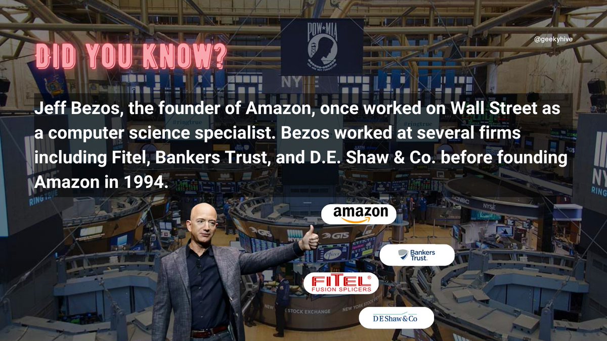 GeekyHive's tweet photo. From Wall Street to becoming one of the wealthiest people in the world. Learn how Bezos' background in computer science and finance helped him build one of the most successful companies in the world. #JeffBezos #Amazon #Innovation #SuccessStory https://t.co/YQM0YSK0Kq