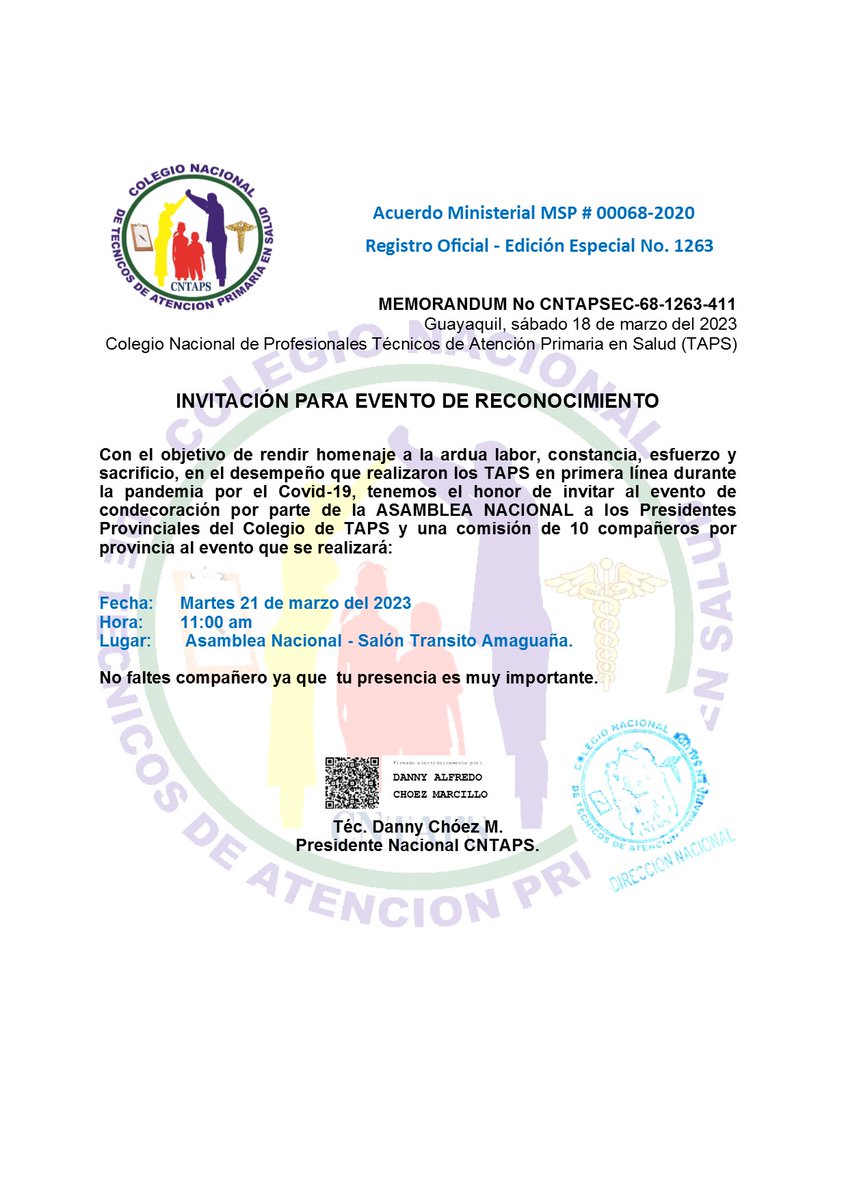 CNTAPSECUADOR's tweet photo. Invitación:

Presidentes provinciales de #CNTAPS, directiva y comisión o delegación de la provincia, están cordialmente invitados al evento de #CONDECORACIÓN para los #TAPS.

@AsambleaEcuador 
@Salud_Ec @Cidhpda_EC https://t.co/t2ZzcIhX34