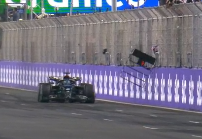 Quill18Sports's tweet photo. Pit wall crew tried to assassinate RUS (?) at the end of the race. He had to swerve to avoid the sign. https://t.co/dJo9zAaYsE