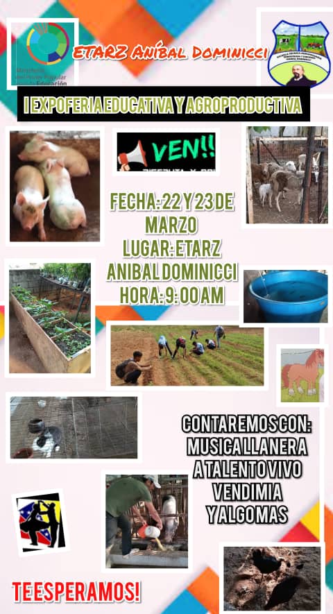 I Expoferia Estudiantil Agro Productiva  ecológica, la cual se llevará a cabo los días miércoles  22/03/2023  y jueves 23/03/2023 a las 09 am.En la  Etarz Anibal Dominicci es la cosa, te esperamos. <a href="/NicolasMaduro/">Nicolás Maduro</a> ,<a href="/_LaAvanzadora/">Yelitze Santaella</a> ,@MPPEDUCACION ,<a href="/ViceVenezuela/">Vicepresidencia Vzla</a>