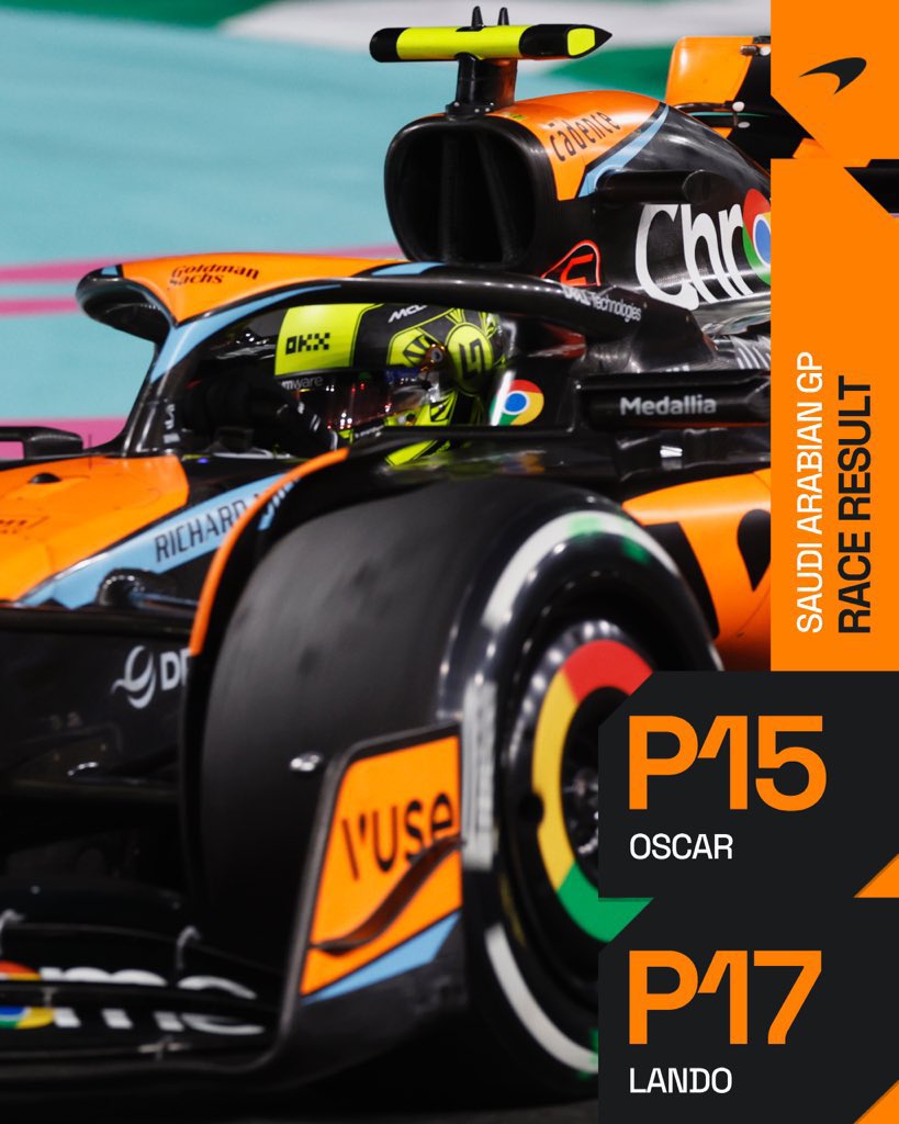 Orangeandblux's tweet photo. It was always going to be a tough race after damage to both cars early on. We'll debrief and go again in Melbourne.

#SaudiArabianGP 🇸🇦 https://t.co/A4bJ0XqeGv