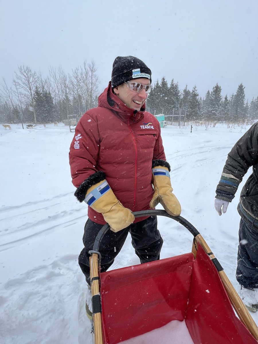FureyAndrew's tweet photo. Large day in the Big Land! Amazing experience with Northern Lights Dog Sledding and my friends and colleagues. @YvonneJJones is the epitome of #LabradorStrong, so it’s fitting that she gave me this hat today. Thank you all for an unbelievable day - these dogs are something else! https://t.co/gYcZD9eP27