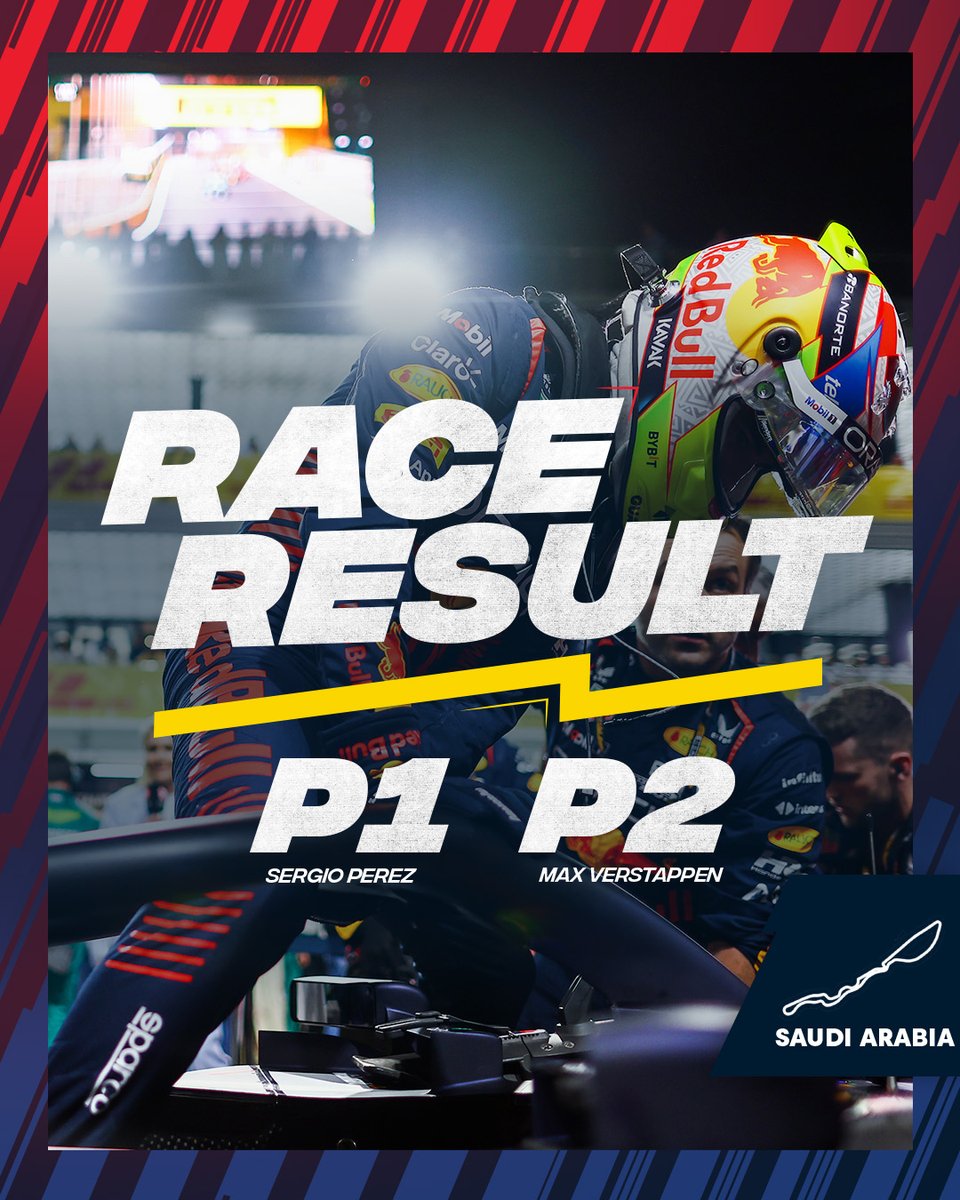 redbullracing's tweet photo. 1-2 BULLS ON THE PODIUM. MASSIVE NIGHT FOR THE TEAM. 

👉 VAMOS. @SChecoPerez's 5th Grand Prix Victory tonight!

👉 CRAZY comeback for @Max33Verstappen starting in P15.

#F1 #RedBullRacing #SaudiArabianGP https://t.co/ehkh5TLwU5