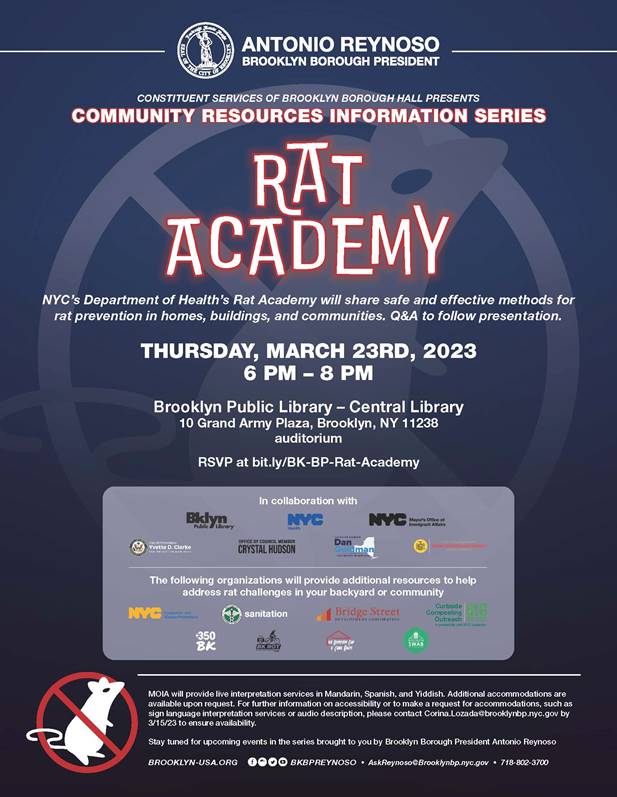 Join @350brooklyn and @nycHealthy on 03/23 at @BKLYNlibrary for.... RAT ACADEMY! Hot tip: a surefire way to keep rats out of your garbage if you have access to it... compost your food waste! Rats can't open those brown bins... yet. 🐀