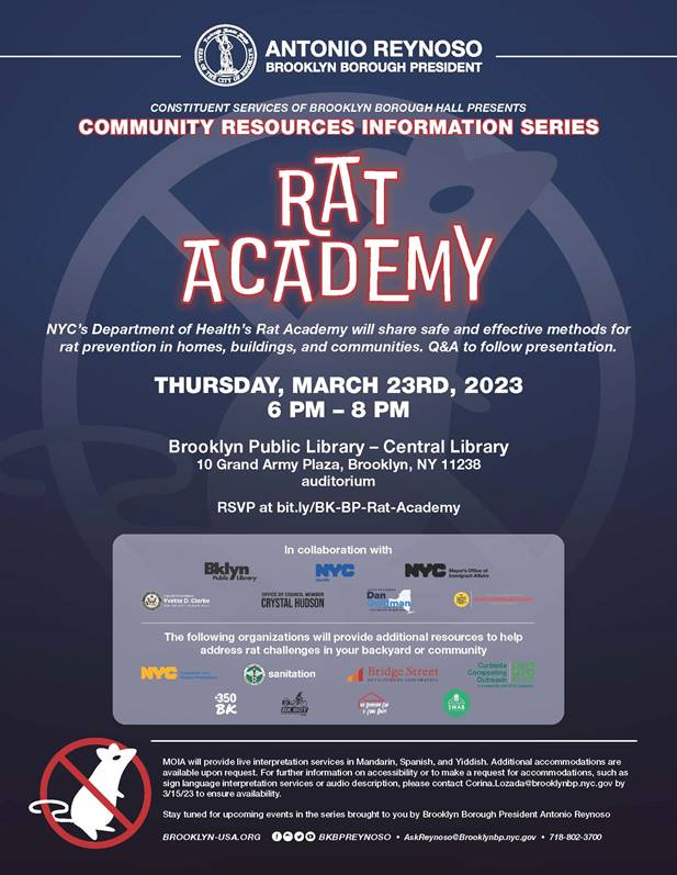 Join <a href="/350brooklyn/">350BK</a> and <a href="/nycHealthy/">nychealthy</a> on 03/23 at <a href="/BKLYNlibrary/">Brooklyn Public Library</a> for.... RAT ACADEMY!

Hot tip: a surefire way to keep rats out of your garbage if you have access to it... compost your food waste! Rats can't open those brown bins... yet. 🐀