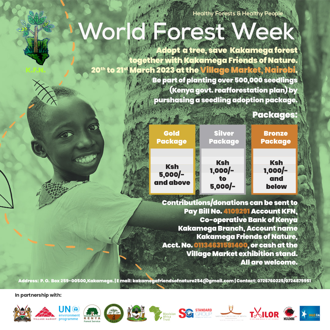 VillageMarket's tweet photo. Adopt a tree, save Kakamega Forest together with Kakamega Friends of Nature on the 20th and 21st March 2023 at Village Market.
Be part of planting over 500,000 seedlings by purchasing a seedling adoption package.
See poster for more details!
#worldforestweek #adoptatree https://t.co/OoKKM7CL8f
