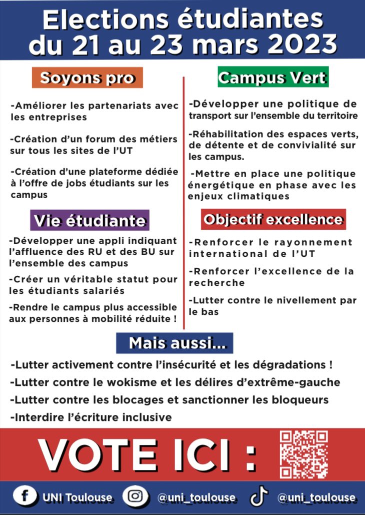 L’UNI est fière de présenter sa liste ! 🔥🇫🇷
Pour défendre une université d’excellence et de meilleurs conditions d’études, je vote UNI : La Droite étudiante