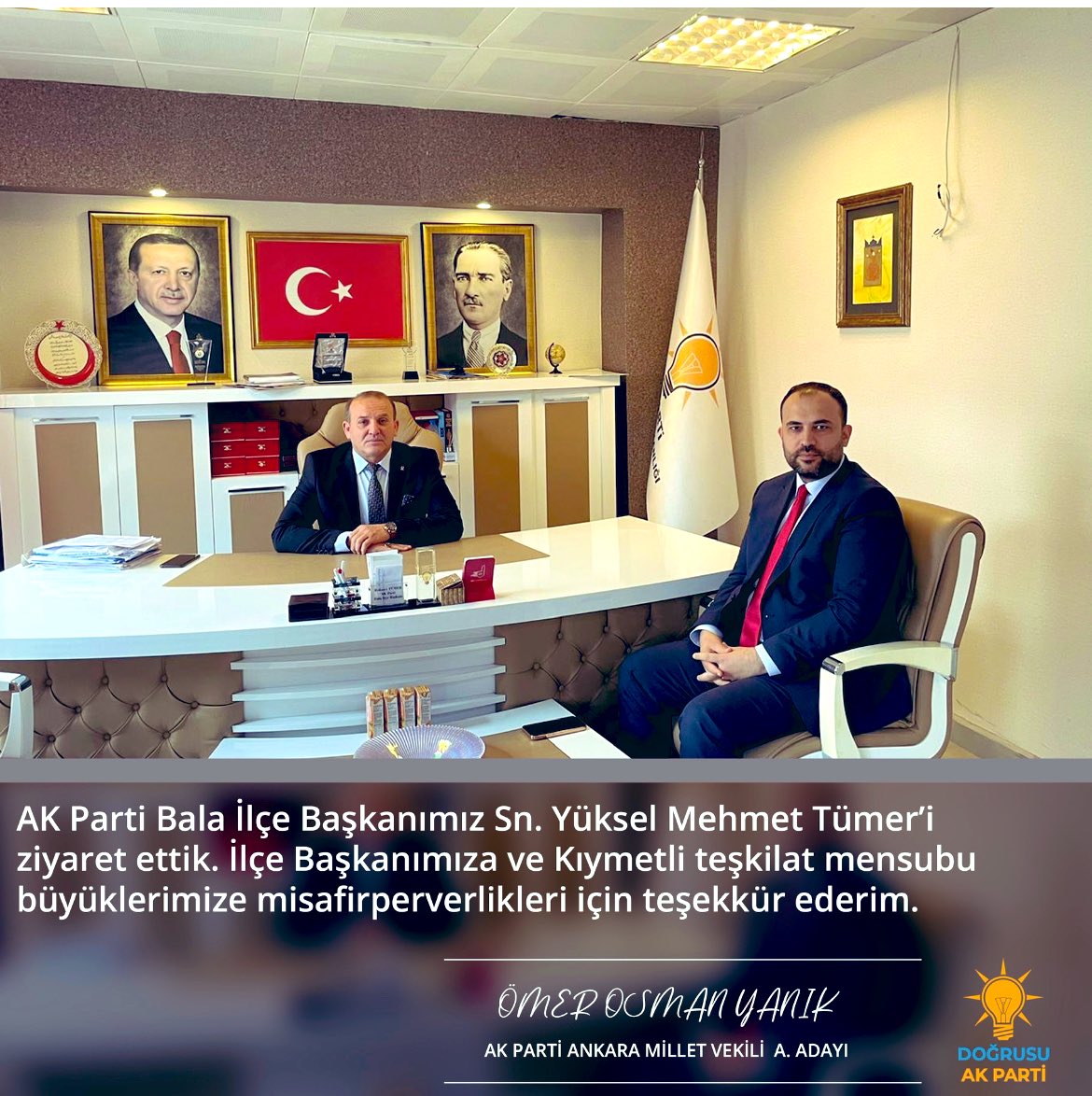 omerosmanyanik's tweet photo. Bala ilçe başkanlığımızı ziyaret ettik ilçe başkanımız Sn @mehmetttumer e ilgilerinden dolayı teşekkür ederim @GenclikBala @aak_kad @akpartibala https://t.co/orJFMVPWQy