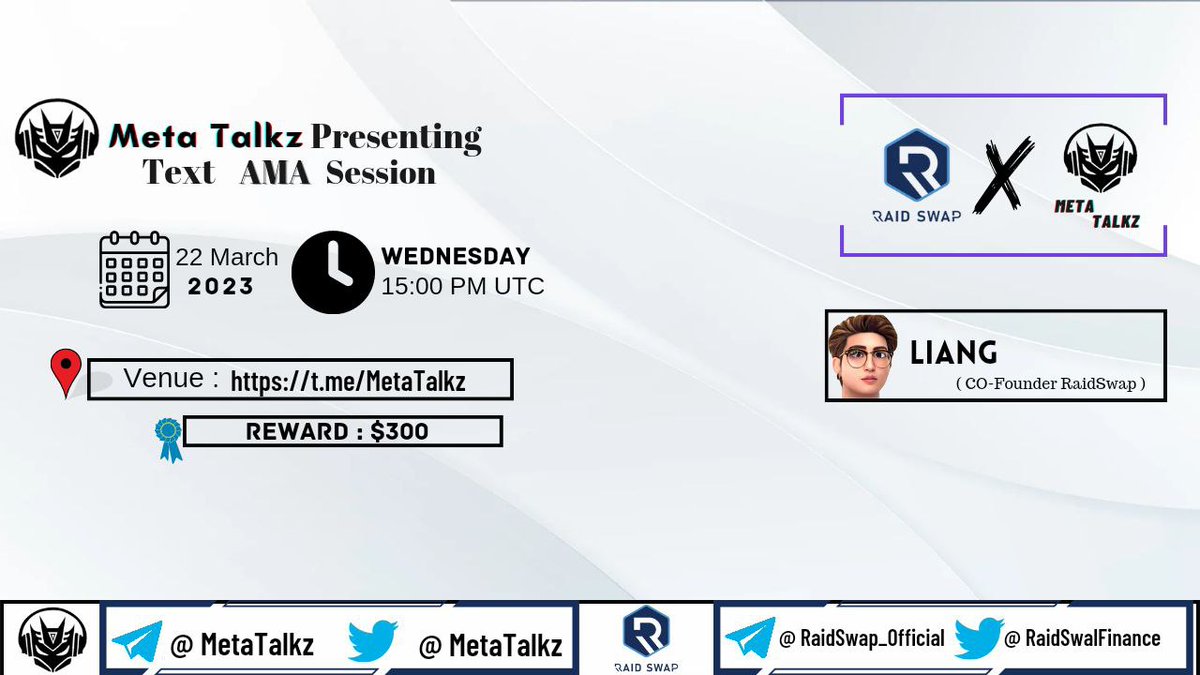 humanraiders's tweet photo. ✨ We are Glad to Announce Our Next AMA with RaidSwap 💰 

🤑Reward Pool :- $300
🕐Date &amp; Time :- On 22 March At 15UTC
🚪 Venue:- https://t.co/1iqULGJuLE

🥀Rules :
1) Follow @metatalkz and @RaidswapFinance
2) Like , RT + Tag Your 3 Freinds
3) Comment your Questions here https://t.co/z7ViLsvkQB