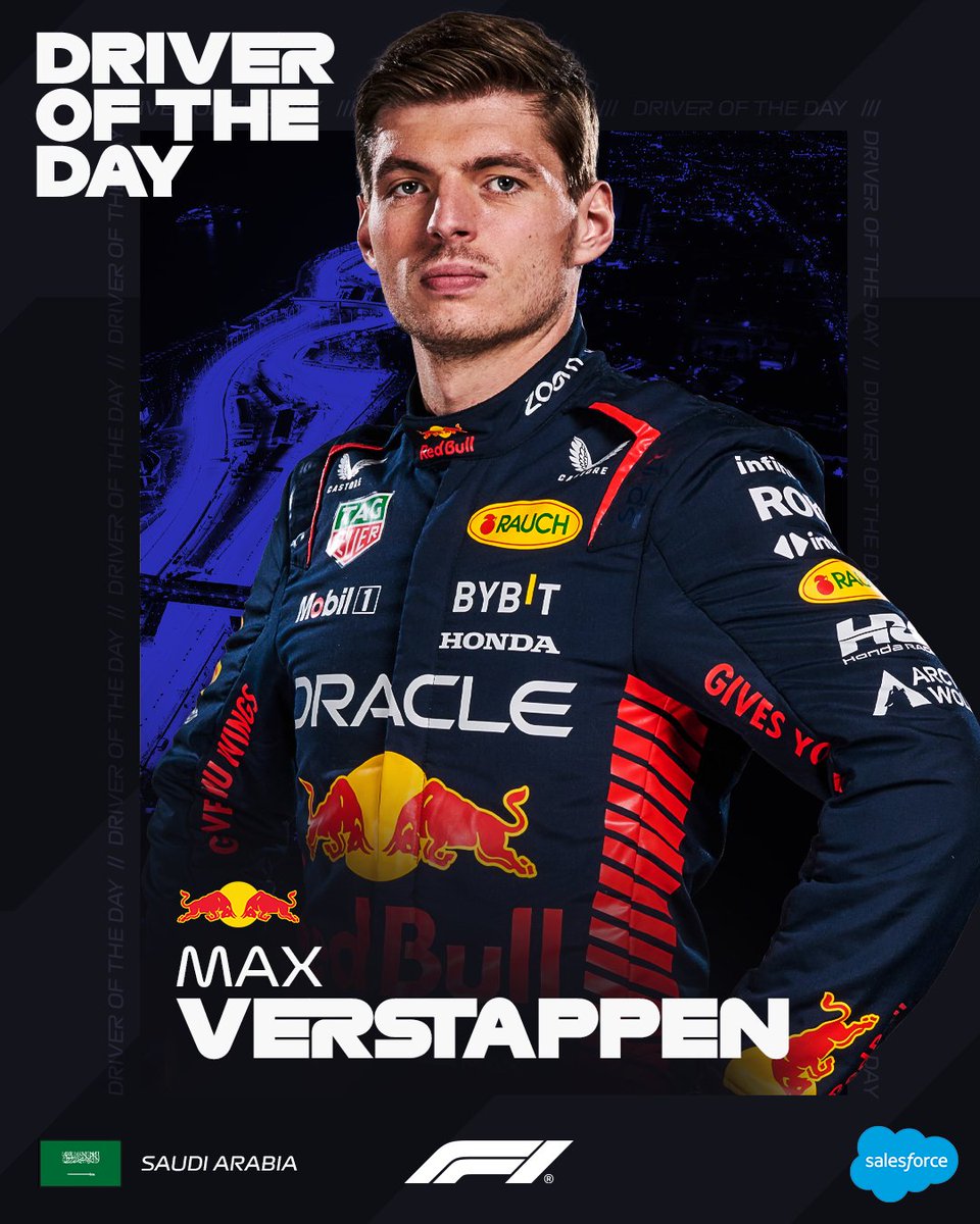 F1's tweet photo. Up 13 places from the grid 📈📈📈

@Max33Verstappen is our #F1DriverOfTheDay in Jeddah!

#SaudiArabianGP #F1 @salesforce https://t.co/ZKCqEaklc7