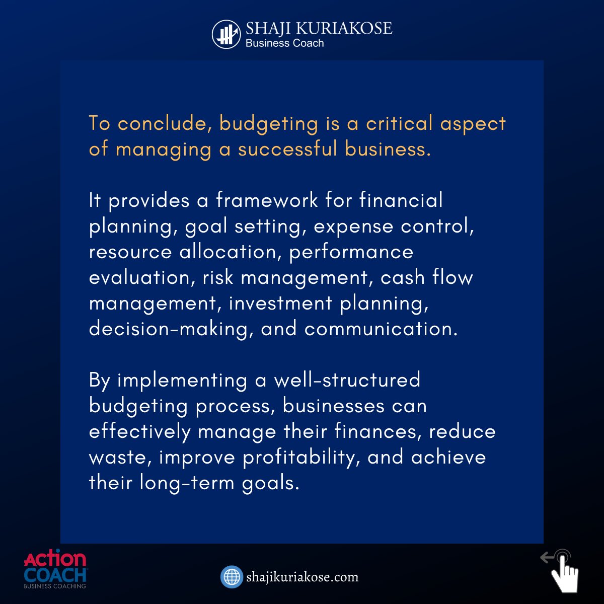 Want to set your #business up for #financialsuccess? 

#Budgeting is key! 

By providing a #roadmap for #financialplanning, #expensecontrol and #performanceevaluation, a solid budgeting process can help your business grow and thrive. 

#actioncoach #shajikuriakose #businesscoach