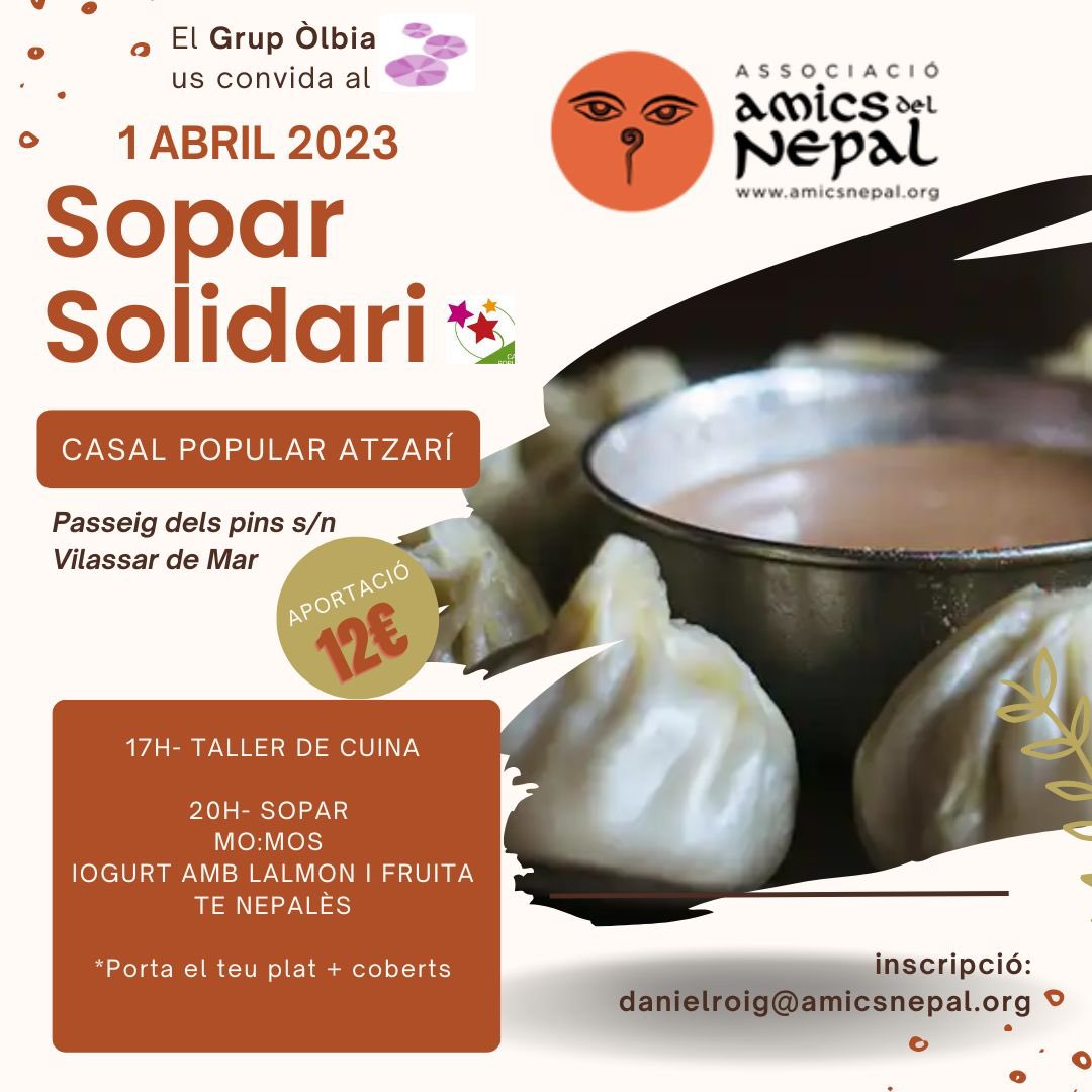Vols menjar autèntics momos nepalesos? Doncs apunta’t al nostre sopar solidari. T’hi esperem!
🗓️ 1 d’abril 
📍Vilassar de Mar (al Casal Popular Atzari). 

I si vols aprendre la recepta, vine a les 17h i veuràs cuinar-los en viu i en directe
