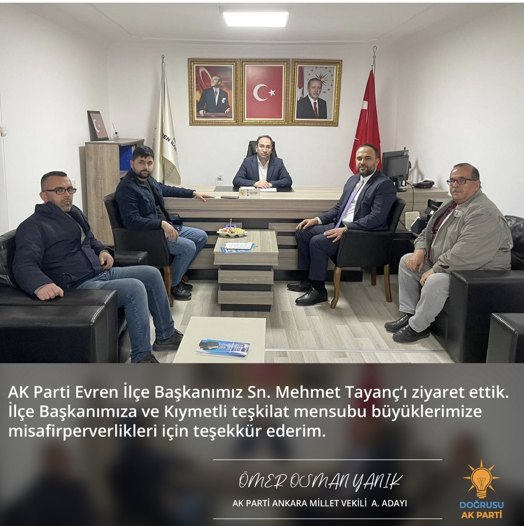 omerosmanyanik's tweet photo. Evren ilçe başkanlığımızı ziyaret ettim ilçe başkanımız @tayanc_mehmet gençlik kolları başkanımız @ErtugrlEkinci22 ve teşkilat mensuplarımız ile görüştük. İlgi ve alakalarından dolayı teşekkür ederim @ak_evren @akpartievren https://t.co/Kh37rQGUX4