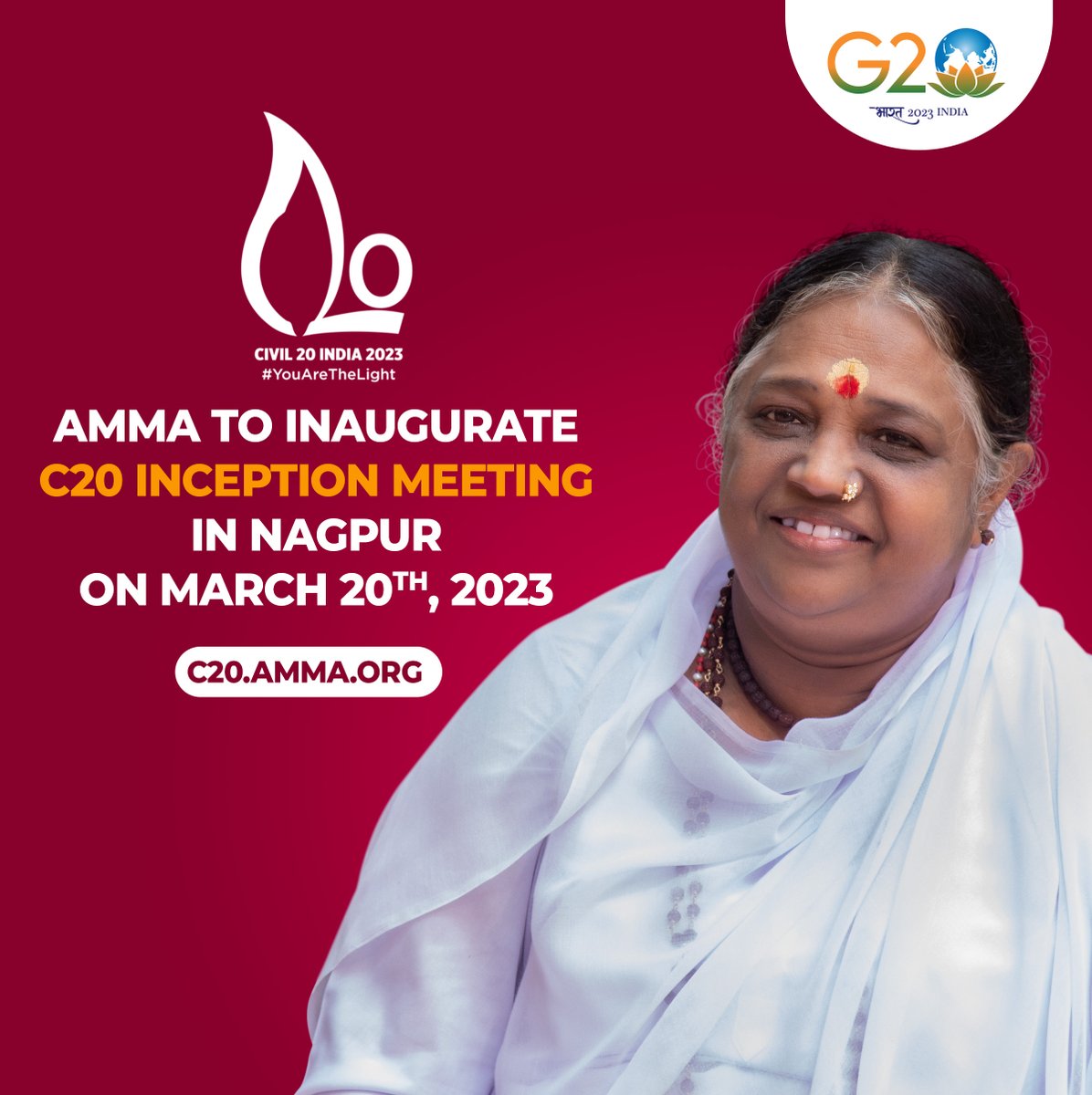 Amma @Amritanandamayi to Inaugurate C20 Inception Meeting In #Nagpur, On March 20th, 2023. web: c20.amma.org @C20EG #C20India @g20org #G20India #Civil20India2023