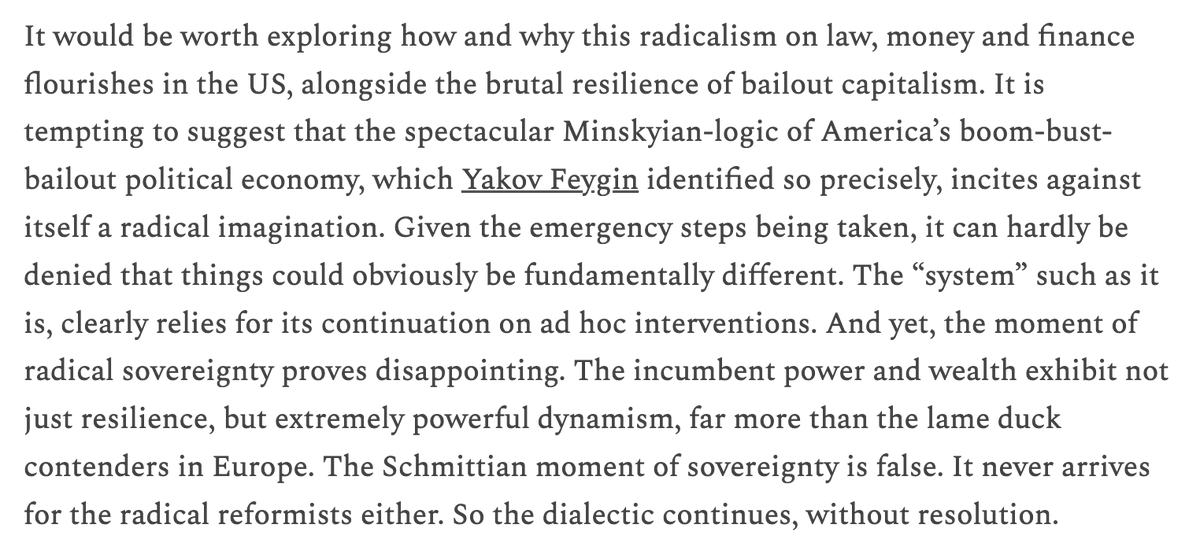 stefeich's tweet photo. Two extraordinary paragraphs by @adam_tooze on bailout capitalism &amp; its unwitting work on the radical imagination.

Salutary of course to end with Adorno rather than Schmitt but I would add that this screams for more theorizing of the interdependence between finance &amp; the state! https://t.co/WaocijsSSR