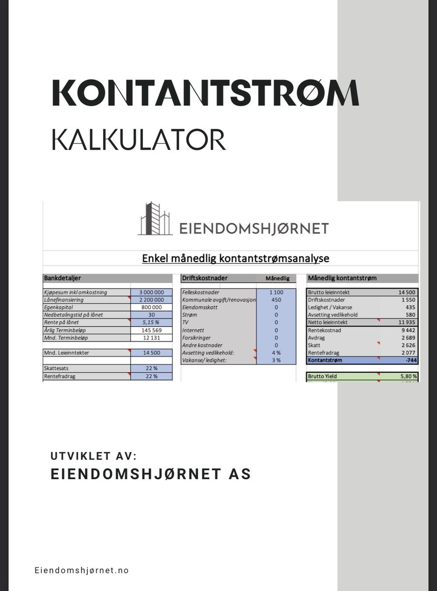 Regne på kontantstrømmen på en utleiebolig?

Innholder:
✔️ Kalkulator (excel fil)
✔️ Power Point med enkel beskrivelse

Del tweeten, følg @eiendomshjornet for å få link tilsendt på DM

(Den kommer automatisk, men kan gå noe tid før man mottar)