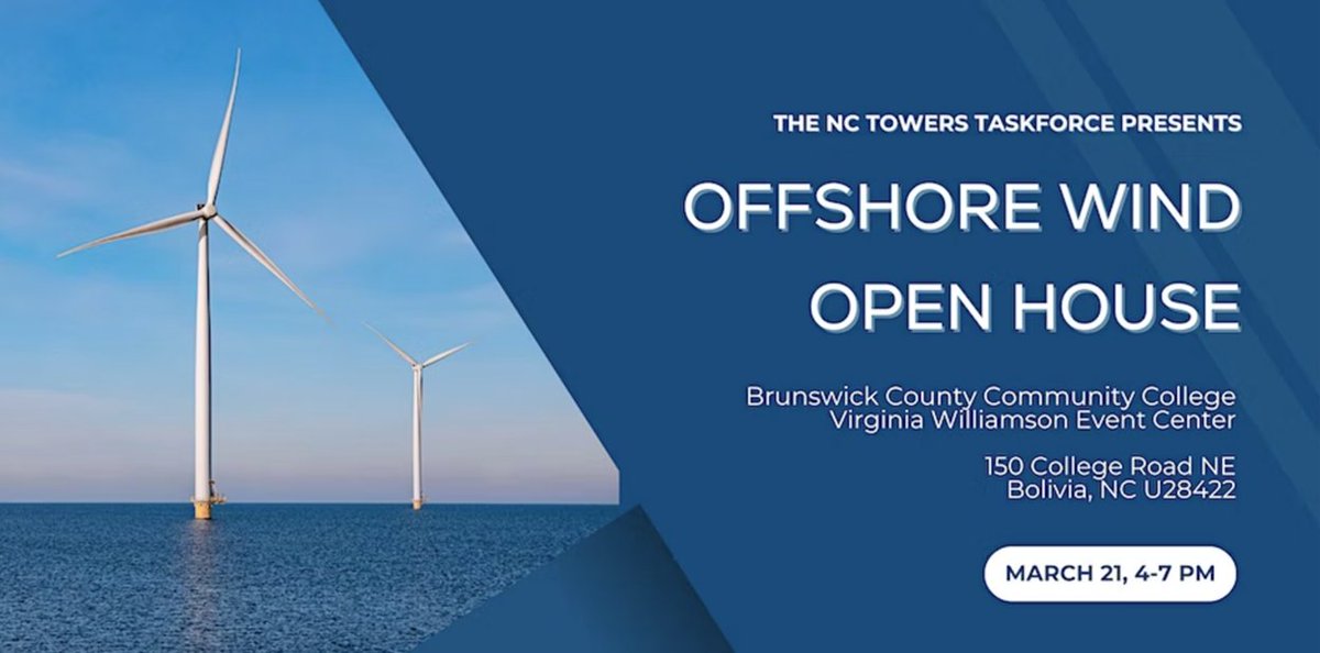 REMINDER: The North Carolina Taskforce for Offshore Wind Economic Resource Strategies (NC TOWERS) presents an Offshore Wind Open House for residents and stakeholders in Brunswick County, NC.

Reserve your spot &amp; read more about this event here:  eventbrite.com/e/offshore-win…