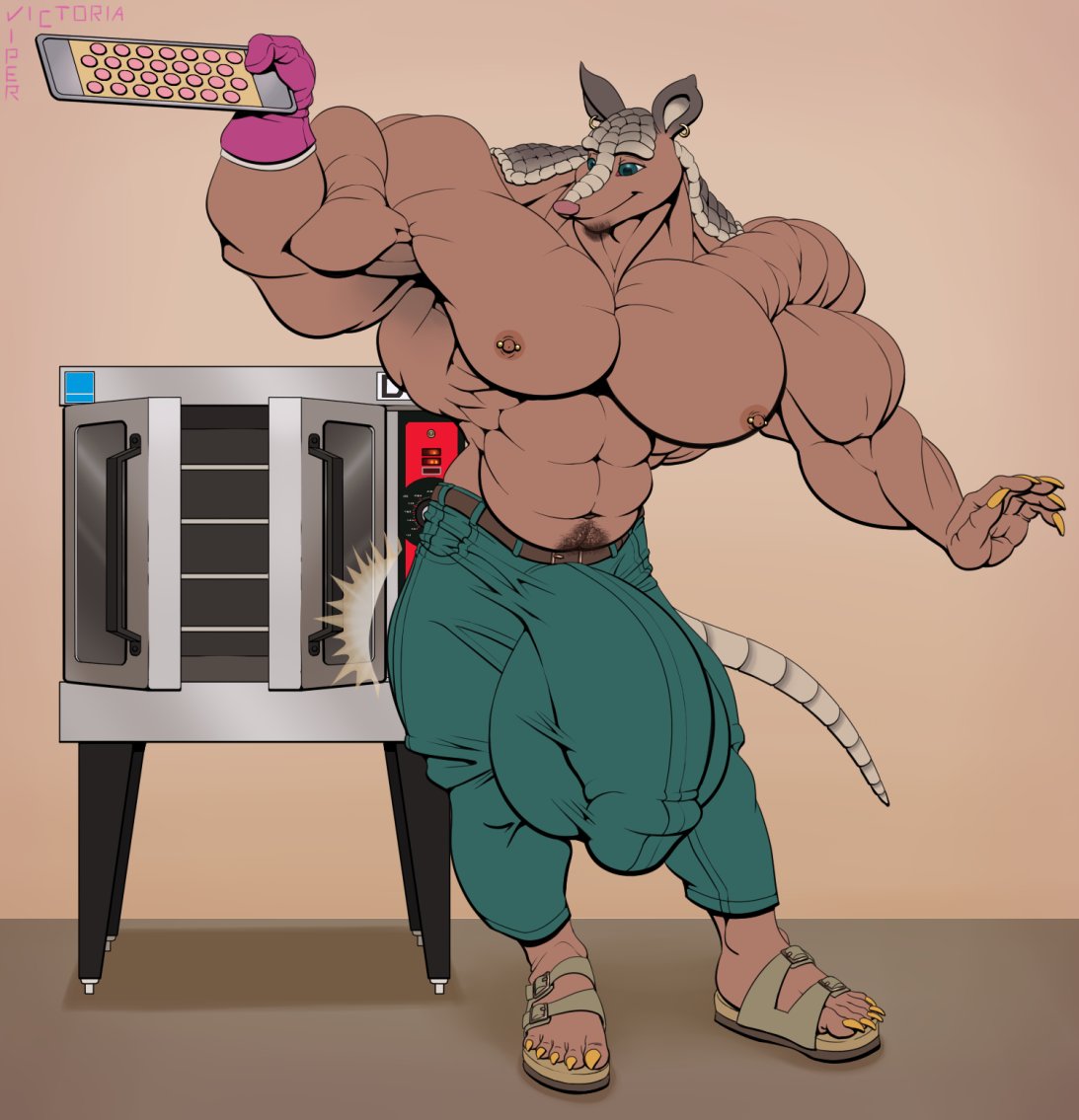 Trout606's tweet photo. Let Mateo the massive armadillo himbo baker offer you a treat. Whether that's from his tray or something more... personal, just let him know. He's quite a people pleaser 😘 https://t.co/A8OOq4p1iH
