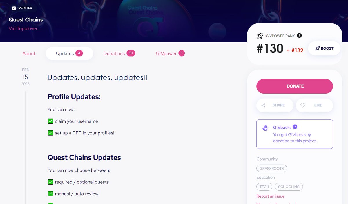 Verified Project Update: 

Quest Chains is building a gamified learning &amp; onboarding platform.

Latest updates include:
•Dapp feature updates
•New chains
•New team members

<a href="/questchainz/">Quest Chains</a>