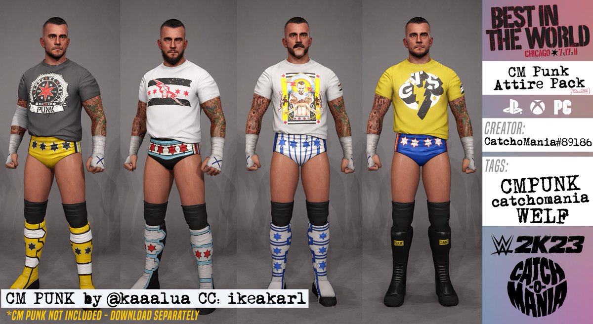 catchomania's tweet photo. It’s clobbering time! CM Punk Attire Pack. #WWE2K23 @WWEgames 

Download @CMPunk by @kaaalua (ikeakarl on CC) https://t.co/NecurTlEjI