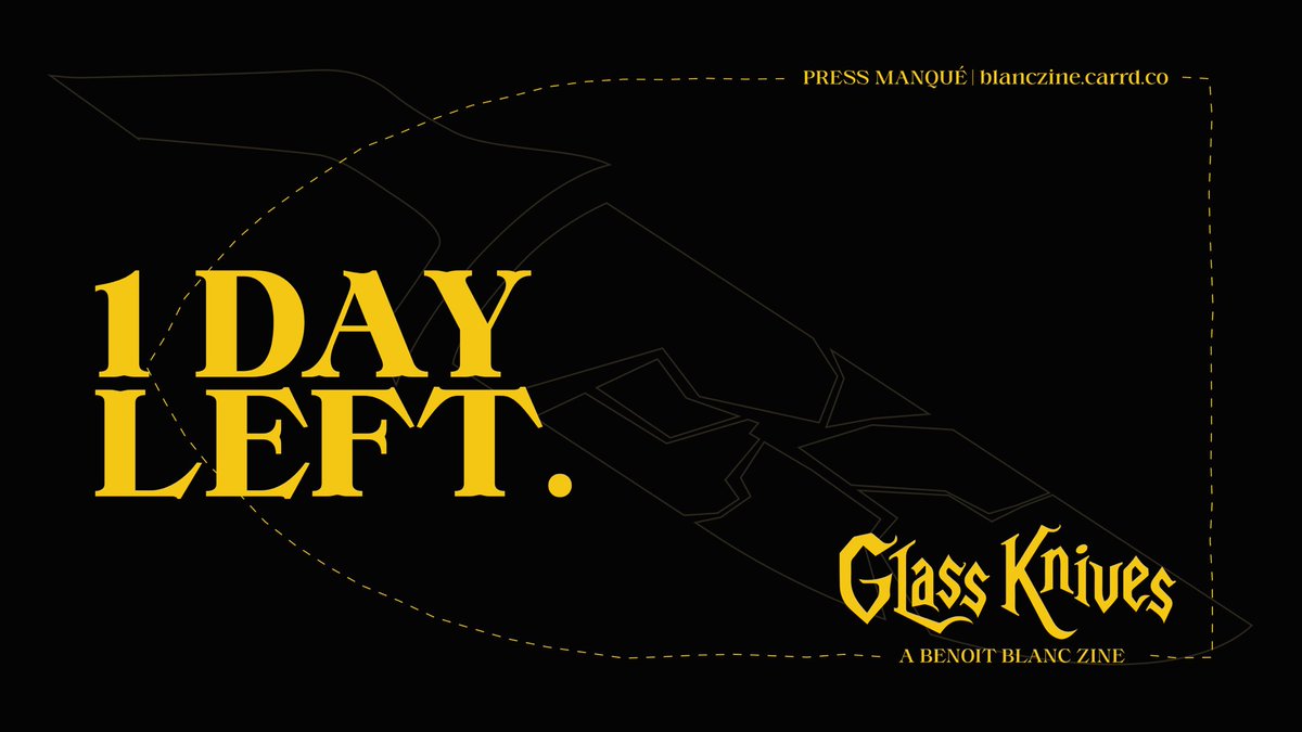 pressmanque's tweet photo. 🗡️  The final stretch. Work it out!  🗡️

Submissions for GLASS KNIVES, a zine dedicated to Rian Johnson's Knives Out &amp; Glass Onion, closes TOMORROW (March 20)!

If you’ve been working on something, join our server and submit your work! 

🔗  https://t.co/M5OgZkQHKV https://t.co/EbuNHBkl1b