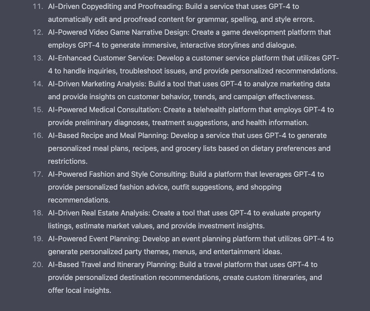 rowancheung's tweet photo. 20 new businesses that can be built on GPT-4, written by GPT-4: https://t.co/qLeEiehflT