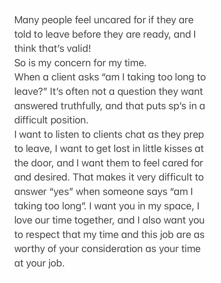 AtleyKitten's tweet photo. Some thoughts, crafted with love, but also boundaries💖💖:

I’m sure you’ve heard providers voice frustration about clients over-staying their booked time, and I want to address that, and put a little context to it.

A thread: https://t.co/kOB43UUo41