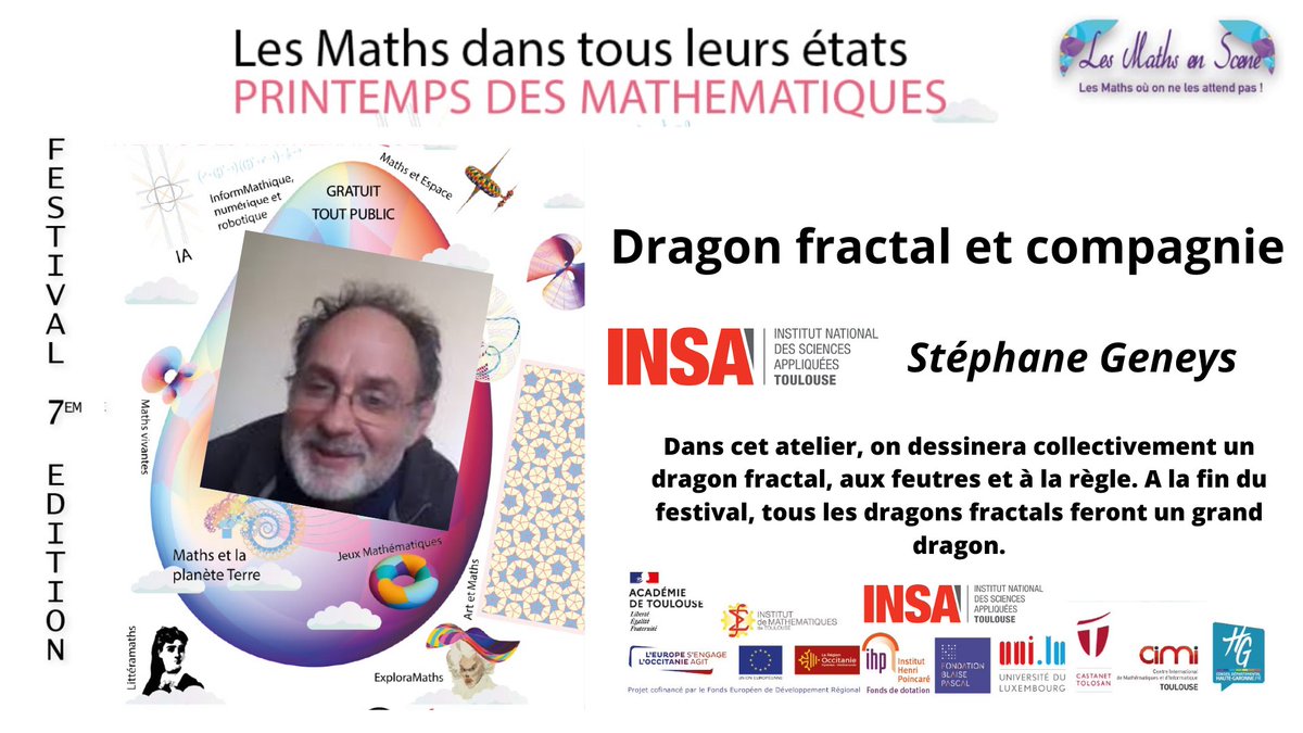 LesMathsEnScene's tweet photo. 7ème édition #festival #lesmathsdanstousleursetats #SDM2023 
les ateliers pour  le pôle #Arts et #Maths 
Dragon fractal par Stephane Geneys @INSAToulouse
Marie Ohye, Bernard Dupuy Origami
Anne Lapouge Carte en #3D 
Agnés Rigny Mandala https://t.co/r2yLkBvJV6
