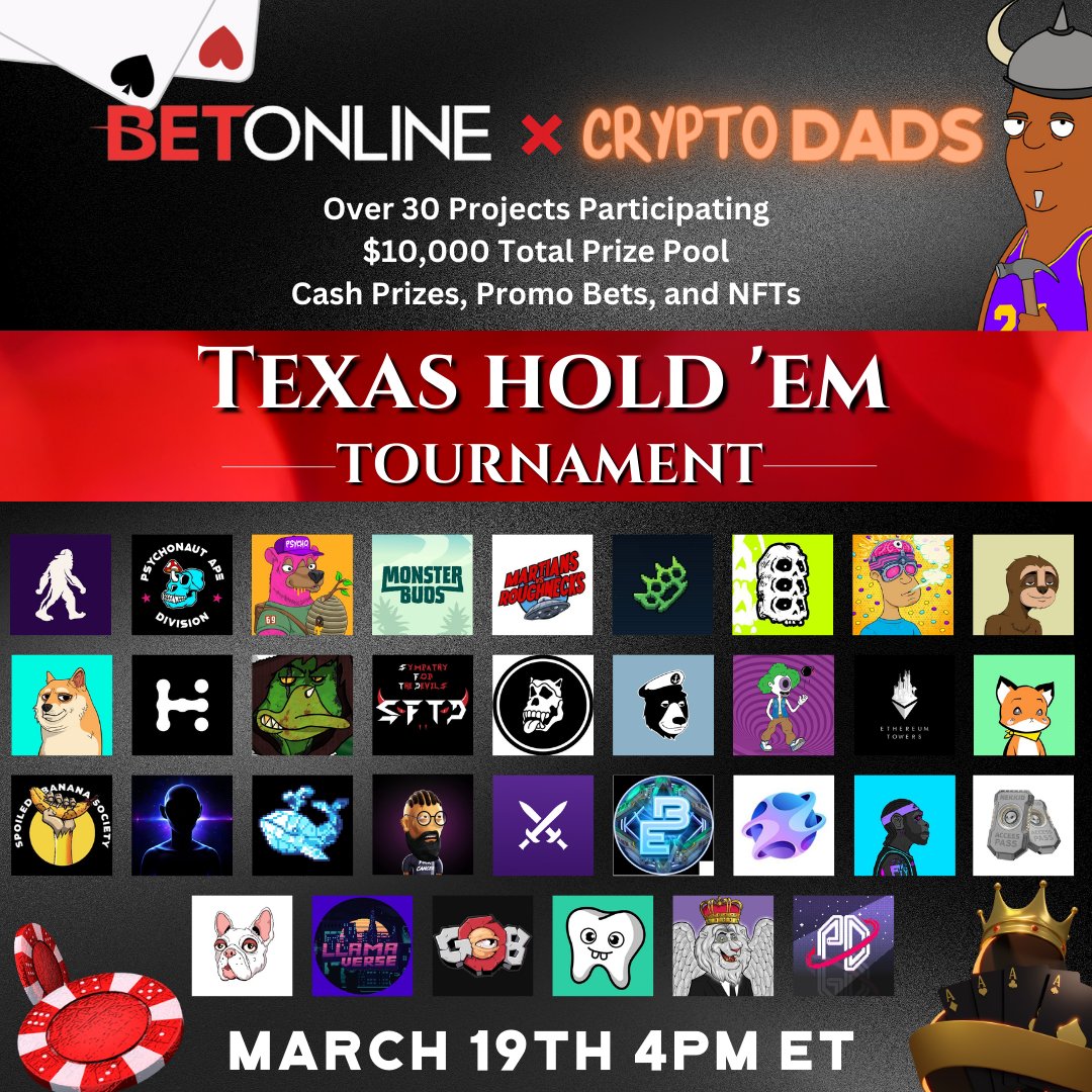 💰$2500 Cash + $7500 in other prizes!💰

CryptoDads X @betonline_ag Poker Invitational begins in 30 minutes!

There are already 143 players registered!

Steps to join below.