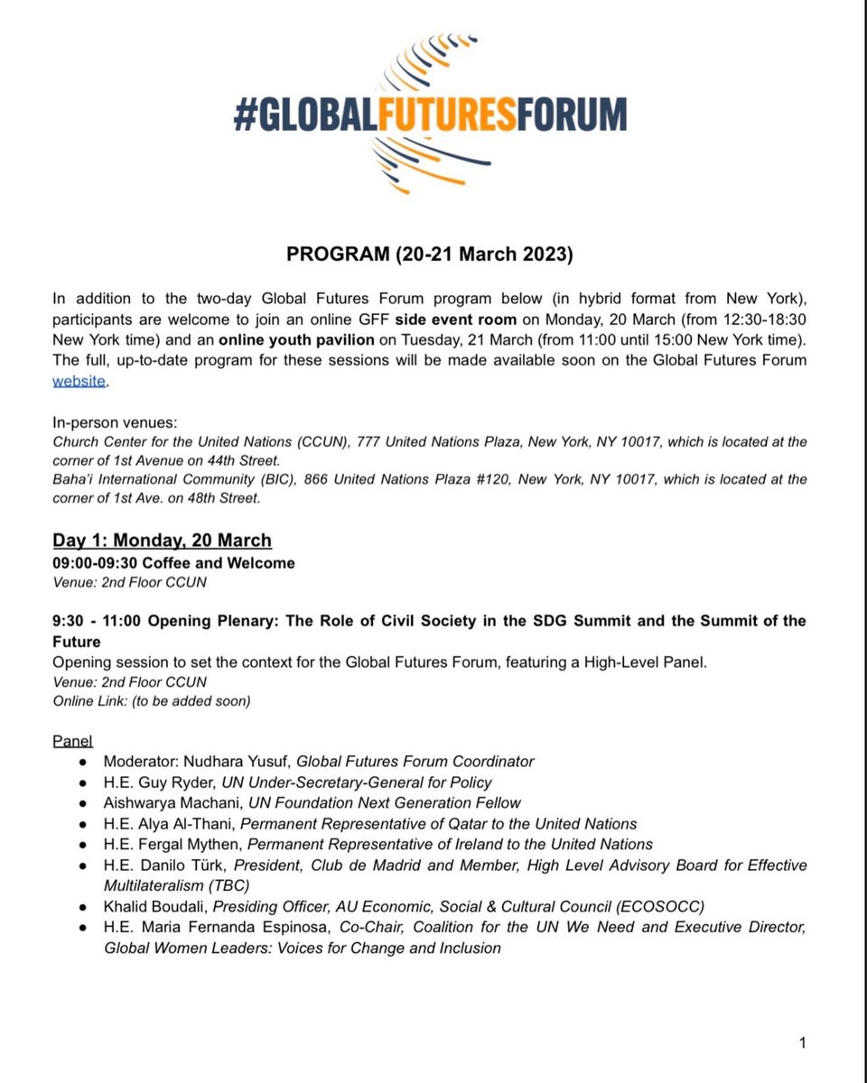 GFuturesForum's tweet photo. 🧵 1/2 The time has finally come, #GFF2023 commences tomorrow! 🤩👏🥳‼️

Be sure to familiarize yourself with the #GFF2023 Program to make sure you attend all events! We cannot wait to convene with you all tomorrow! 

#OurGlobalFuture #GlobalFuturesForum https://t.co/qDVzBWXEgB