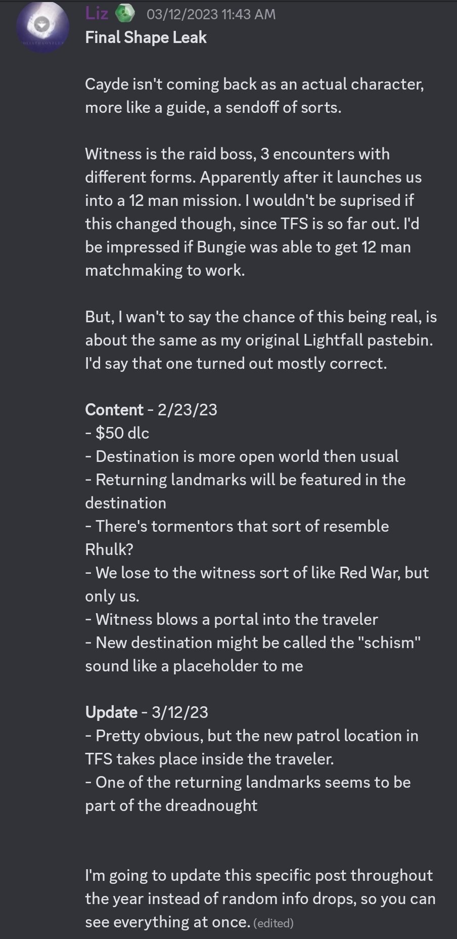 Destiny Leaks on X: “Updated Final Shape Leaks - Source : Liz
