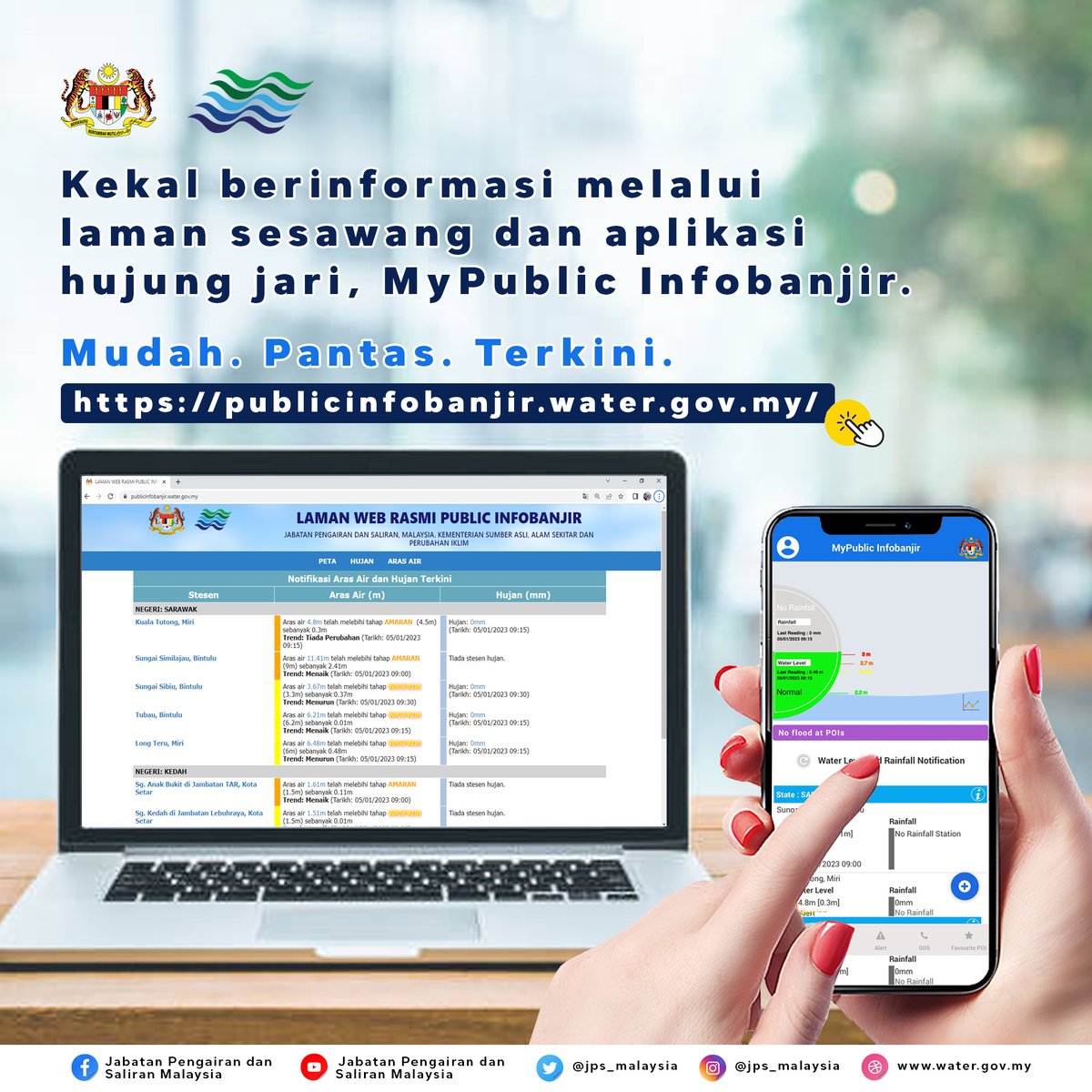 jps_malaysia's tweet photo. Dapatkan info amaran dan ramalan banjir, kenaikan aras sungai di kawasan anda serta kadar lebat hujan melalui laman sesawang https://t.co/yKH388ikN2 atau aplikasi mudah alih MyPublic InfoBanjir.
#NRECC
#JPSMalaysia
#PRABN https://t.co/uXNhfi1NA8
