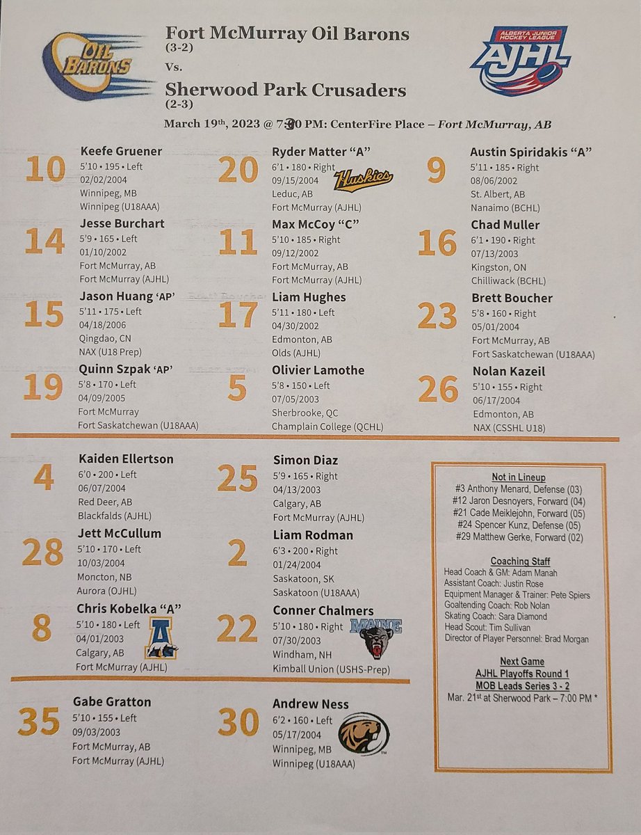 A chance to close out the series tonight at home. <a href="/MOBHockey/">McMurray Oil Barons</a> lead the <a href="/SPcrusaders/">Sherwood Park Crusaders</a> 3-2 after a thrilling 2-1 win in Game 5.