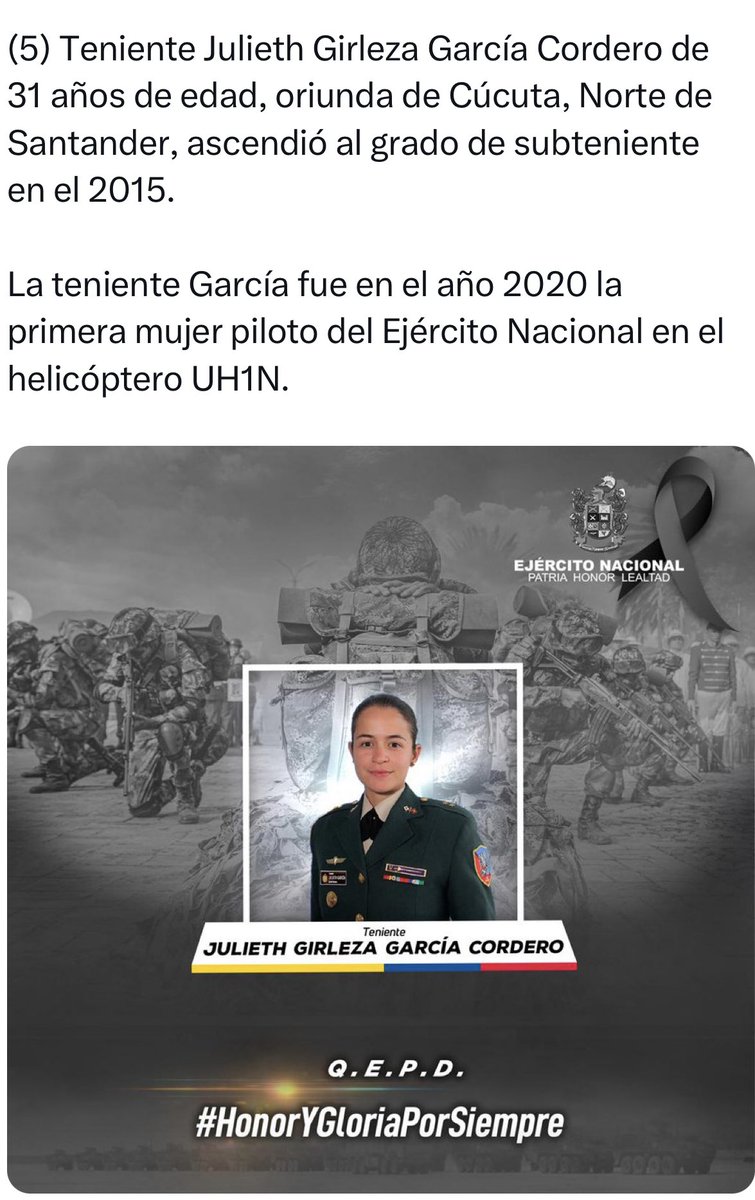 dona_pily2's tweet photo. Esta mujer del @COL_EJERCITO que homenajean en este emotivo video, es la Teniente Julieth Girleza García Cordero, quien falleció hoy en el accidente del helicóptero en el Chocó. https://t.co/siSW6mTJ3J