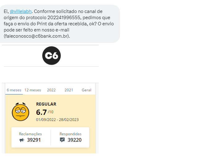 Tá pensando em abrir conta no <a href="/C6Bank/">C6 Bank</a>? PENSE DUAS VEZES. Se abrir dê print em absolutamente td q te oferecerem, salve qq coisa, por mais insignificante q parecer. Eles NUNCA CUMPREM e depois de meses pedem o print.

Uma dica? Busquem no Google "C6 Bank Reclame Aqui"
<a href="/MPMG_Oficial/">MPMG</a>