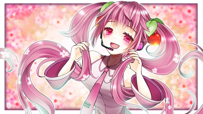 七生さんの桜ミクさん!ツインテールをきゅっと持ち、優しい笑顔を向ける桜ミクさんにキュン!(*ฅ́˘ฅ̀*)だホー!!【】 #piapro #初音ミク #桜ミク 