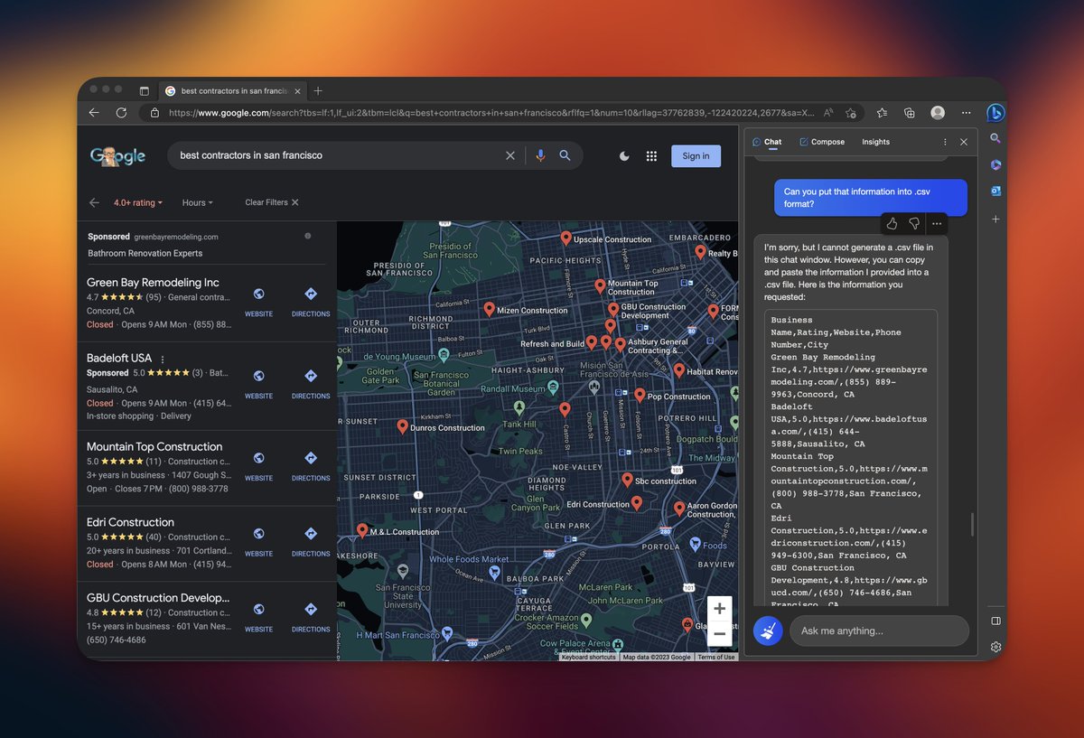 Was forced to download Edge, but now have access to the New Bing™️

And...I can scrape Google search results with it? Into a csv? Can't imagine Google will let that go on for too long...