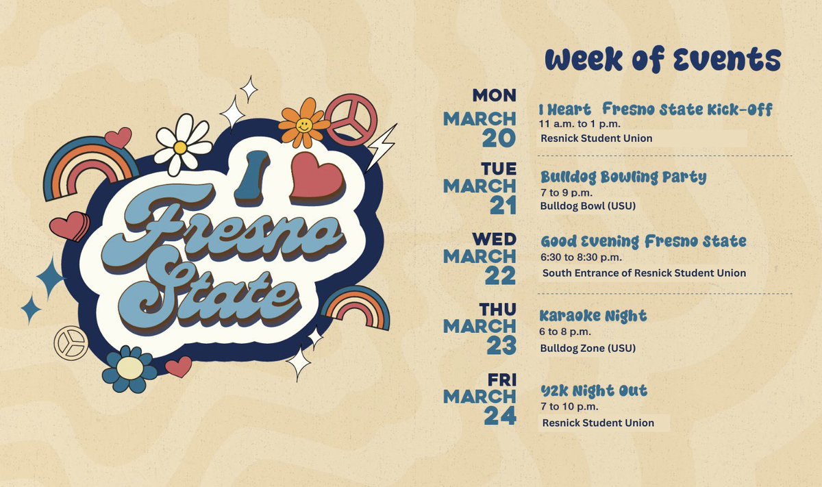 biancagisellep's tweet image. I Heart Fresno State Week starts tomorrow! Which events are you planning to attend? There are plenty of options! ❤️🪩🎳🎙️🌽🐶 #AdPRDogs #iheartfs @Fresno_State
