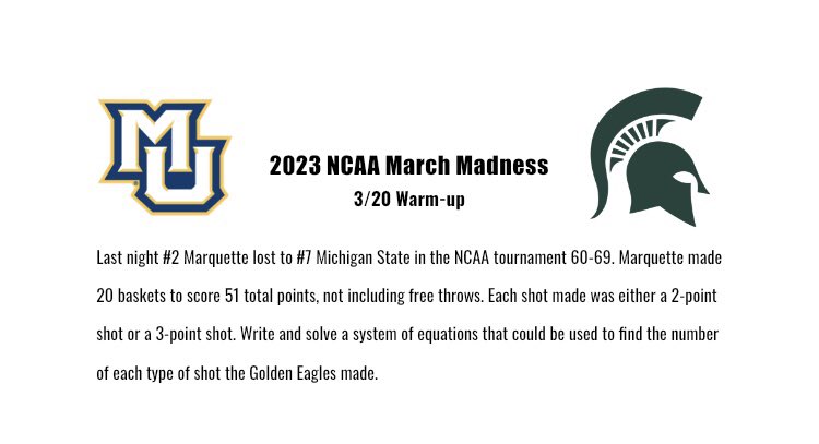 whitneywasmuth's tweet photo. When you have an eighth grade class full of boys who love talking about the NCAA basketball tournament, and you’re learning about systems of linear equations in class, you come up with fun things! #MathCanBeFun #MarchMadness 🏀 https://t.co/SzN6RnXBSw