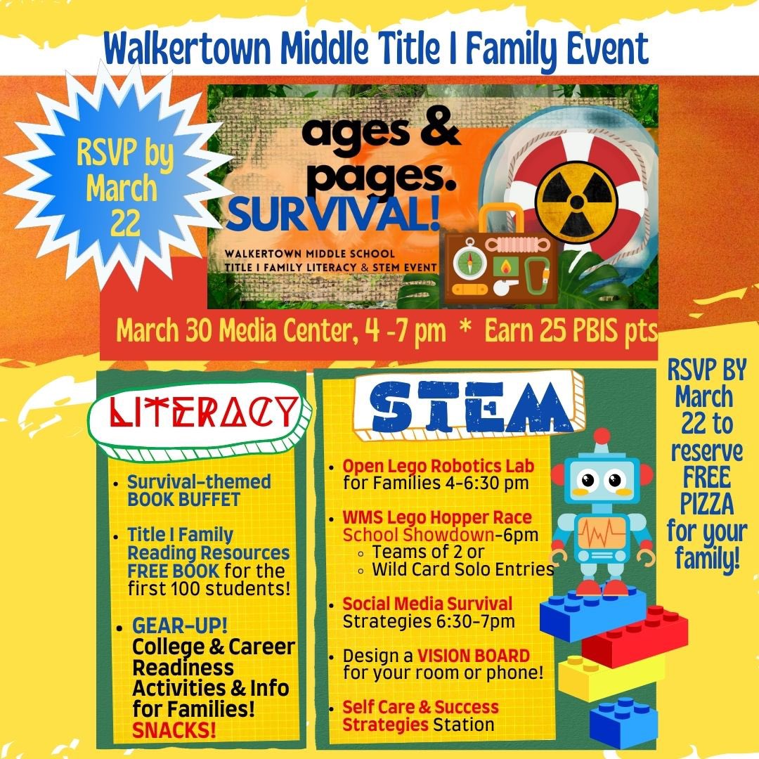 WMS Ages &amp; Pages Family Event — RSVP by March 22 to reserve FREE pizza for your family! See the WMS homepage to register &amp; for event details!