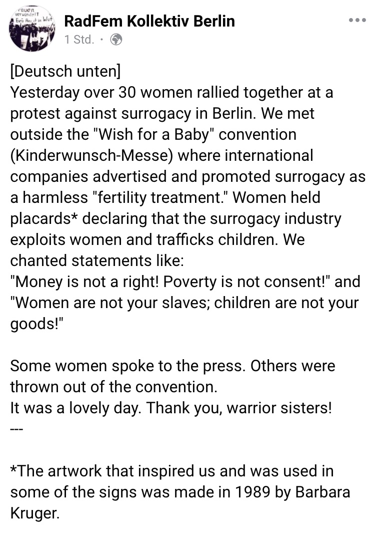 womandefy's tweet photo. Yesterday women rallied against surrogacy in Berlin outside the Kinderwunsch ("Wish for a Baby) convention. Some of us talked to the press, others were kicked out of the convention hall.
Here's a report by Radfem Kollektiv Berlin: https://t.co/sZ9yUK9c1G