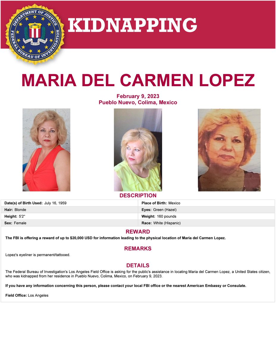 katharineknott's tweet photo. Please SHARE! Help find American Grandmother Kidnapped in Mexico 39 days ago #MariaDelCarmenLopez 🙏 
@FBILosAngeles $20K reward! Her family is desperate to get her back home.  #missinginmexico #kidnappedinmexico https://t.co/U0neDusXwM