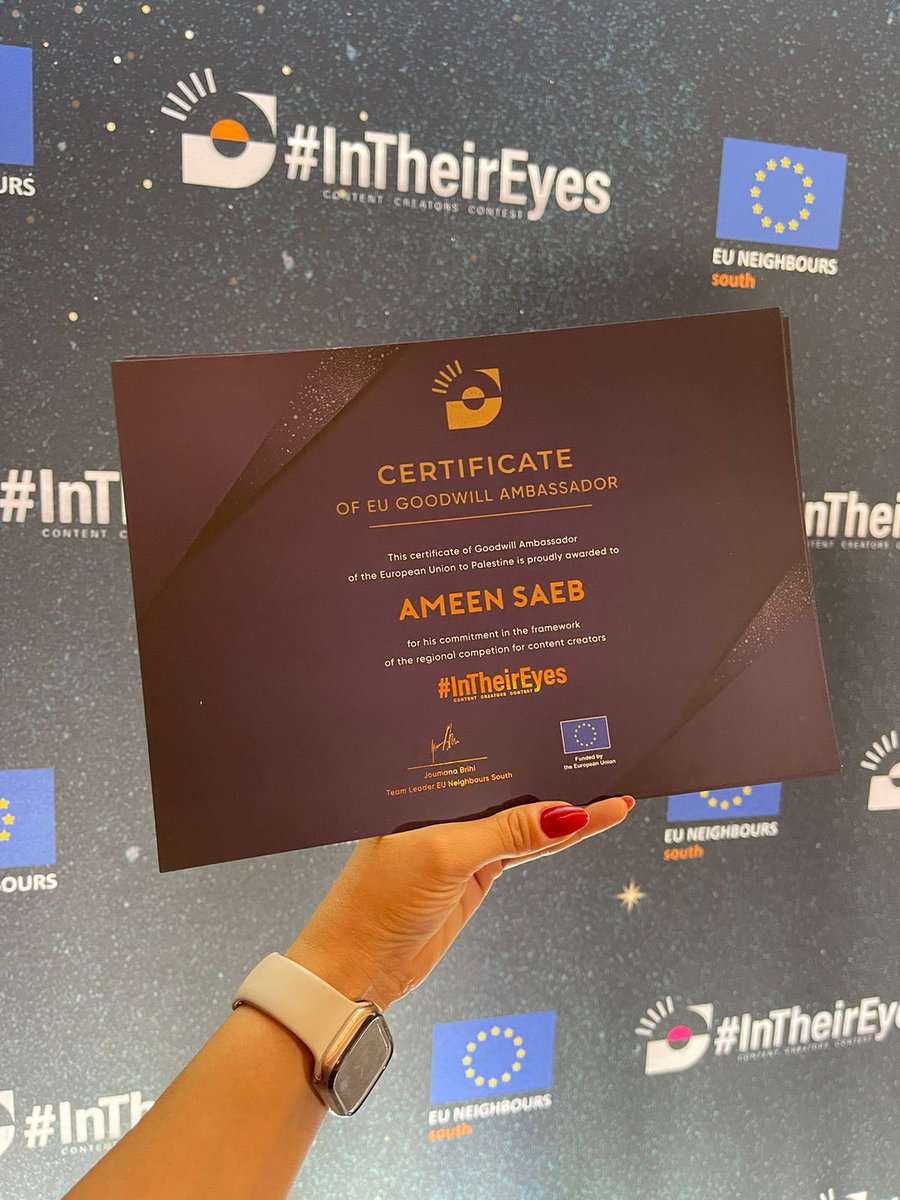 SaebAmeen's tweet photo. الحمدالله، في مسابقة "في عيونهم" والي شملت صناع المحتوى لدول جنوب البحر المتوسط
#InTheirEyes
فزت بجائزة أفضل فيديو تم انتاجه بين كل الدول المشاركة ❤️❤️
وأيضا تم منحي لقب سفير النوايا الحسنة للاتحاد الاوروبي في فلسطين 🇪🇺🇵🇸
@euneighbours @eu_near @EUpalestinians https://t.co/pgtxDmETNZ