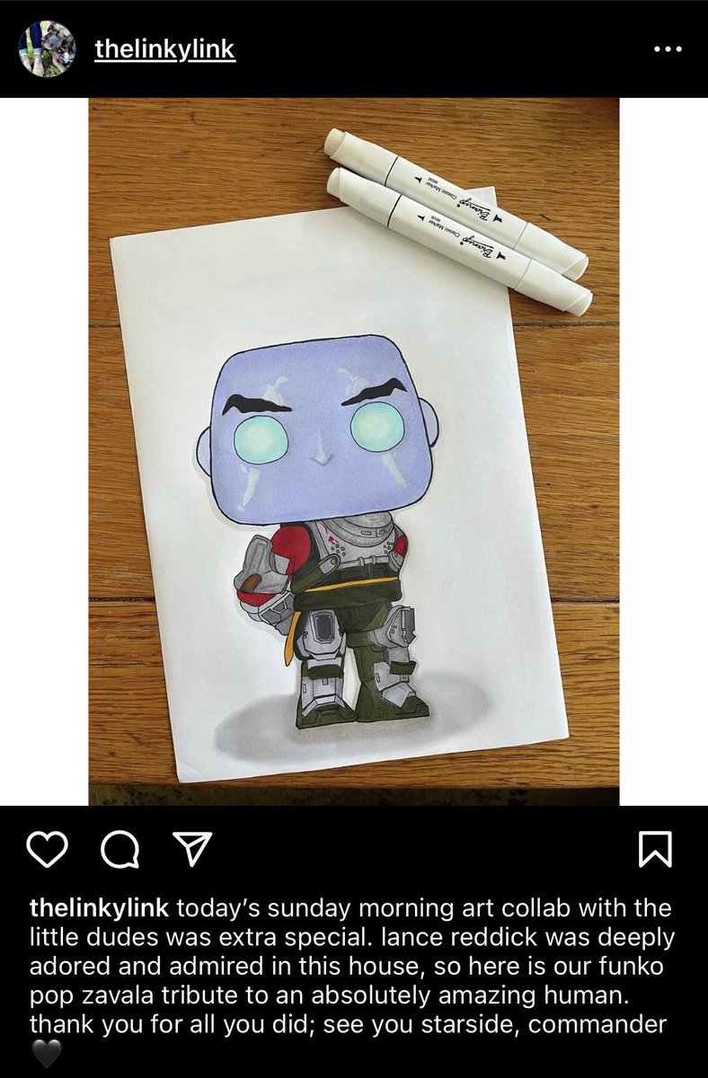 thelinkylink's tweet photo. every sunday morning my two little spawns and i draw something together. i thought i’d share today’s sunday morning art with y’all.
rest in peace, commander; you have been such an incredible inspiration to us all. see you starside ✨

#lancereddick #commanderzavala https://t.co/PMFuzLWvHx