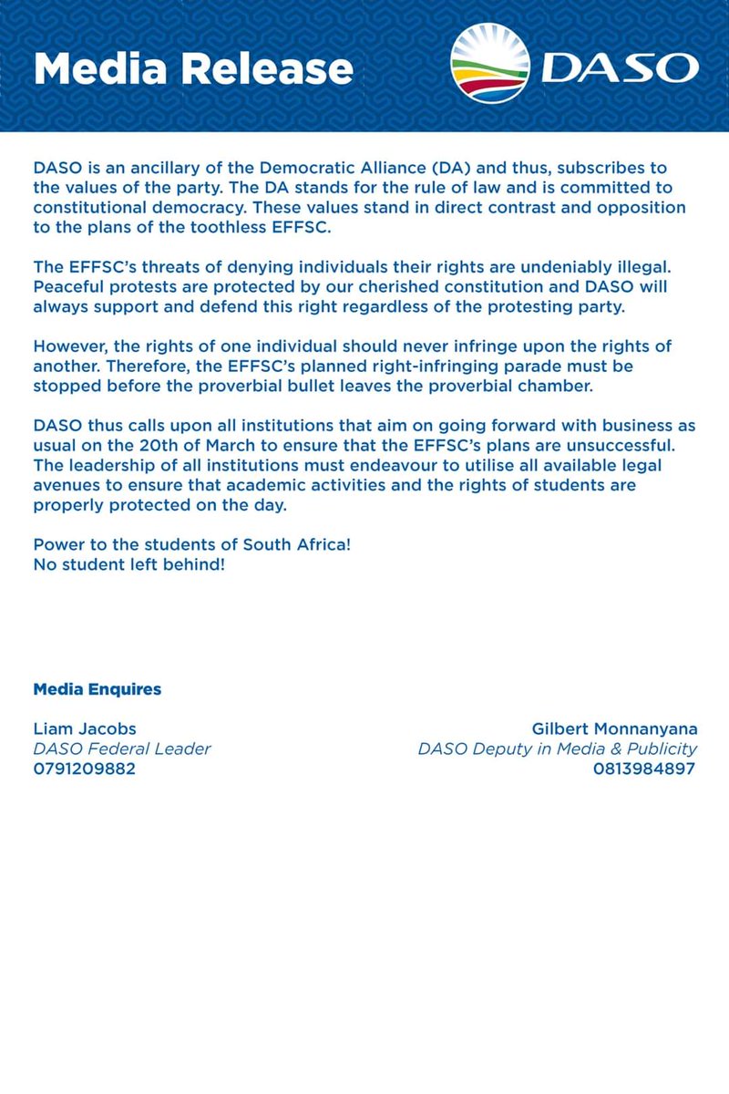 🚨🚨🚨Media Alert 🚨 🚨🚨

DASO calls on institutions of higher learning to take pre-emptive action ahead of the EFF National Shutdown

Friday, 17 March 2023

#DASO #nostudentleftbehind