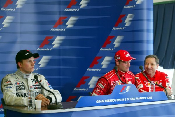 _Ameros's tweet photo. @keithcollantine @GeorgeRussell63 @alo_oficial 2003 Imola, Michael left to go to the funeral of his mother if I recall, so Jean Todt represented him in the post race conference https://t.co/YgLqUSyMdL