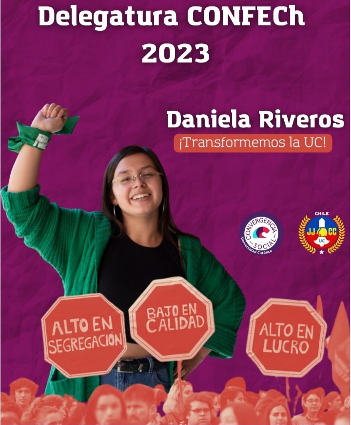 👉 Daniela Riveros | Convergencia Social en conjunto con las Juventudes Comunistas UC.

Estudiante de la Facultad de Derecho, es militante de Convergencia Social, fue representante estudiantil en el Foro UC y fue parte del TRICEL de las elecciones FEUC llevadas a cabo el 2022.